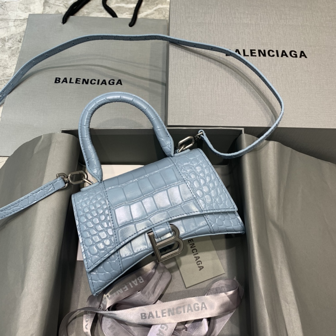 Balenciaga Hourglass XS Handbag Crocodile Embossed Shoulder Bag Haze Blue